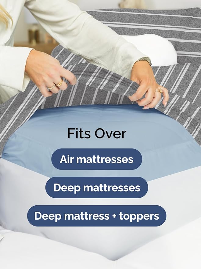 Extra Deep Queen Sheet Set - 6 Piece Breathable and Cooling Sheets - Hotel Luxury Bed Sheets Set - Easy Fit - Soft, Wrinkle Free and Comfy Sheets Set - Grey Striped Sheet Set with Extra Deep Pockets