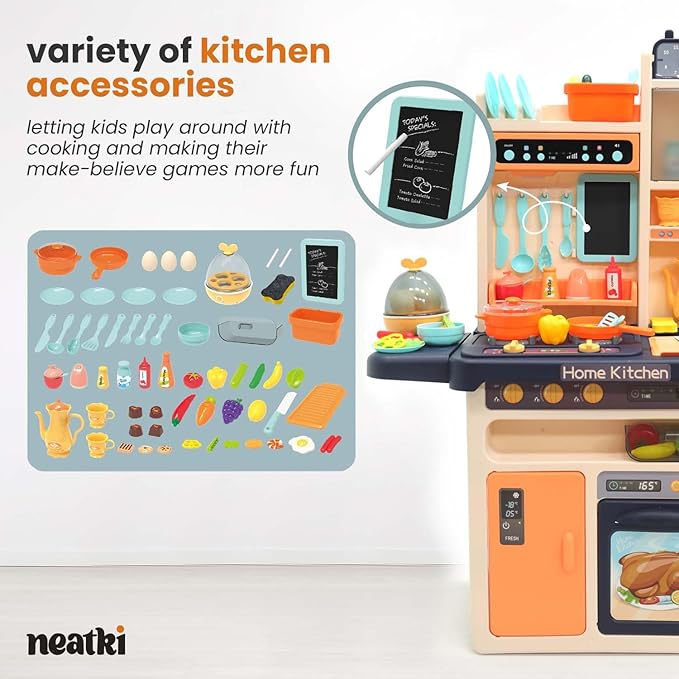 Kids' Play Kitchen Set, 27.95 x 11.22 x 36.81 Inch, 65-Piece Toy Kitchen Playset with Functional Faucet, Realistic Steam Effects, Lights and Sounds, and Other Kitchen Accessories (Blue)