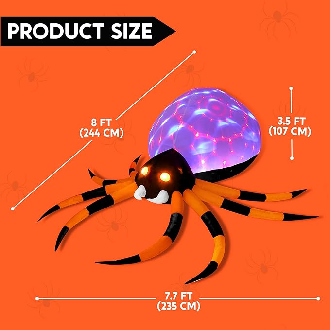JOYIN 8 FT Halloween Inflatable Giant Spider Outdoor Decorations, Blow Up Spider Yard Decorations with Rotating Colorful Light and Glowing Eyes for Halloween Party Lawn Garden Outside Decor