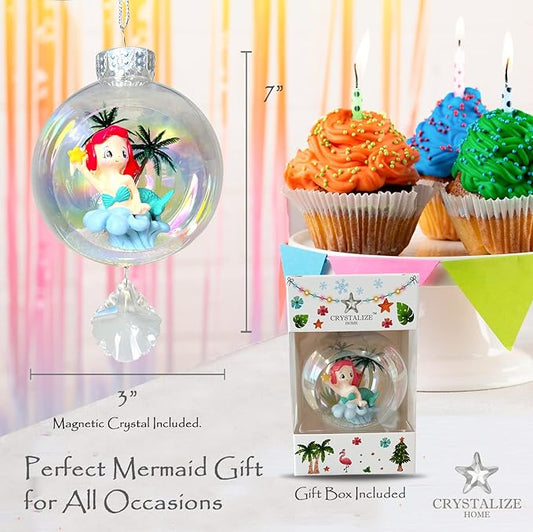 Mermaid Red Christmas Ornament - Handmade Shatterproof Decorations for Indoor Outdoor Xmas Tree - Clear Ball Ornaments with Magnetic Crystal - Great Gift or Stocking Stuffer for Mom, Sister, Friend