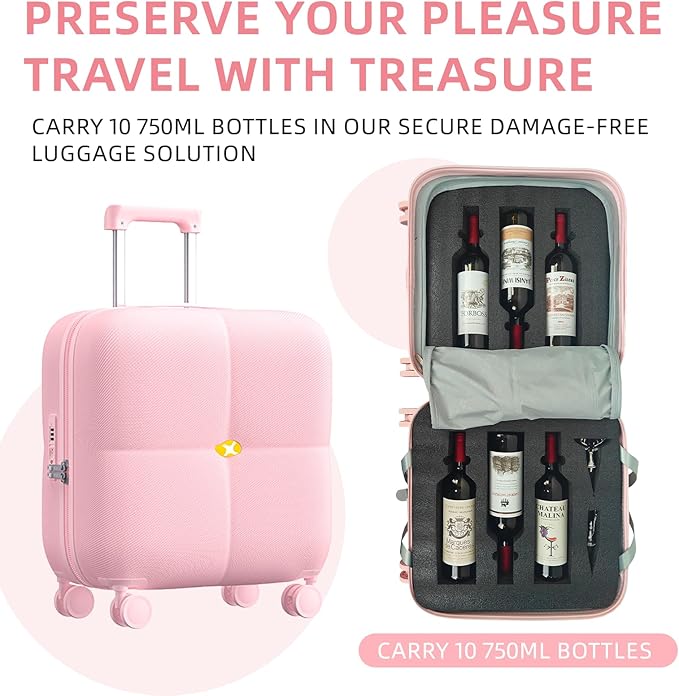 Wine Suitcase, 6 Bottle Wine Luggage, Durable Wine Travel Case, Fly With Wine Suitcase with TSA Lock, Versatile Wine Carrier with Removable Inserts and Silent Spinner WheelsïŒPinkïŒ