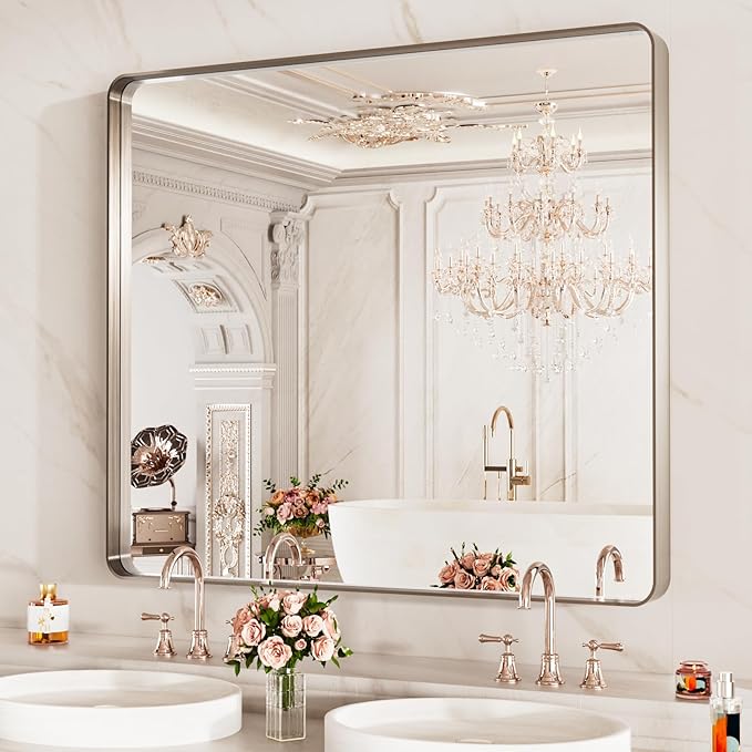LOAAO 40X24 Inch Brushed Nickel Bathroom Mirror, Rounded Rectangle Silver Metal Frame Mirror, Brushed Nickel, Anti-Rust, Hangs Horizontally or Vertically