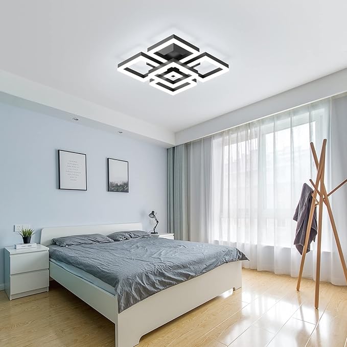 GEADI Modern LED Ceiling Light, 64W Dimmable Black Flush Mount Light 5-Square Ceiling Lamp with Remote Control, Acrylic Ceiling Chandelier Lighting for Living Room Bedroom Office, 3000K-6500K