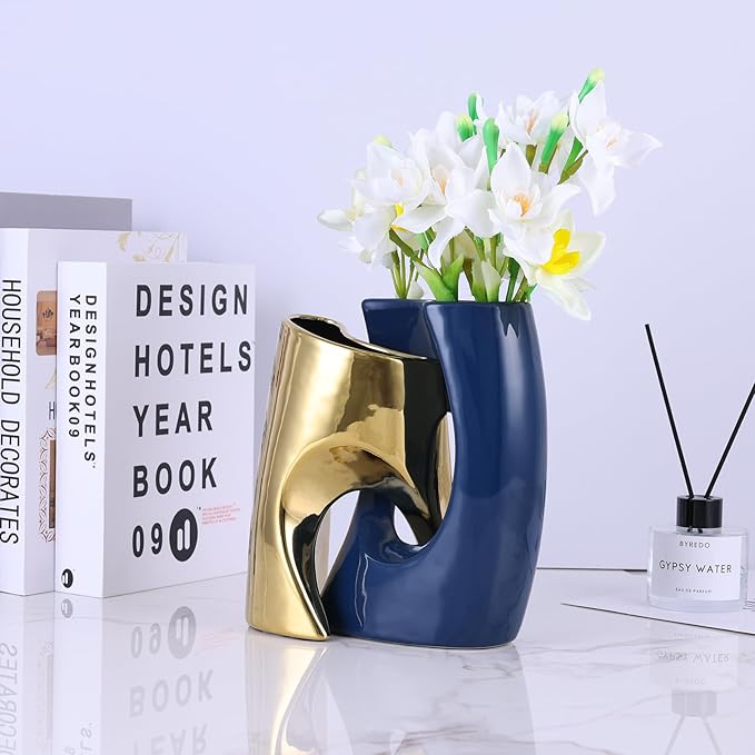 Blue and Gold Vase Set of 2, Nordic Modern Ins Style Vases, Boho Ceramic Vases for Centerpieces, Mid Century Abstract Donut Vase, Unique Funky Vase for Wedding, Decorative Pampas Grass Vase Decor