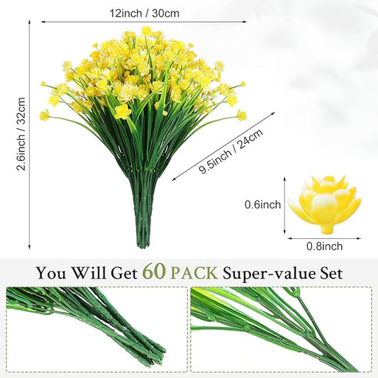 Hoteam 60 Bundles Fall Outdoor Artificial Flowers Plants Uv Resistant Outside Faux Flowers Plastic Fake Plants Outdoor Summer Four Seasons Decoration Shrubs Garden Porch, Yellow