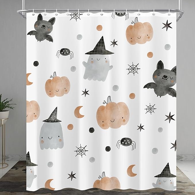 Cute Halloween Kids Shower Curtain 60"X72" Pumpkin Ghost Spooky Funny Shower Curtain Set for Bathroom Girls Boys Cartoon Lovely Waterproof Bathtub Curtain Bat Bathroom Curtain with Hooks