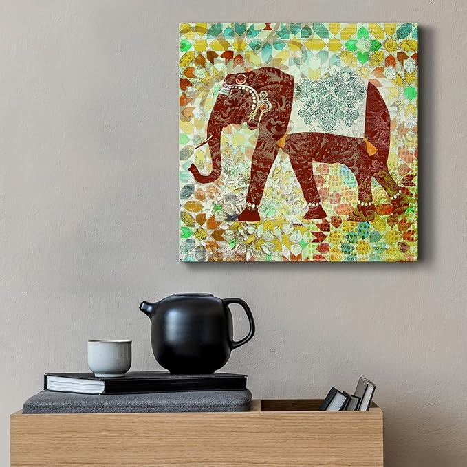 Cute Animals Artwork Abstract Colorful Painting Wall Art on Canvas, Bali Elephant Wall Art, Ready to Hang, 10'' x 10''