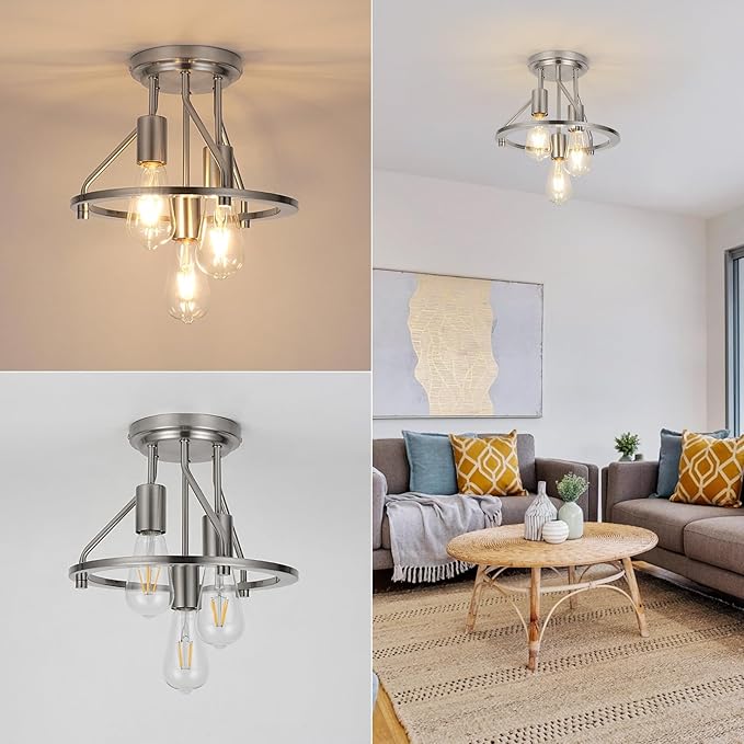 WILON Brushed Nickel Semi Flush Mount Ceiling Light - 3-Light Ceiling Light Fixtures Farmhouse Kitchen Light Industrial Hallway Light Fixtures E26 Socket Ceiling Lamp for Hallway Kitchen Foyer