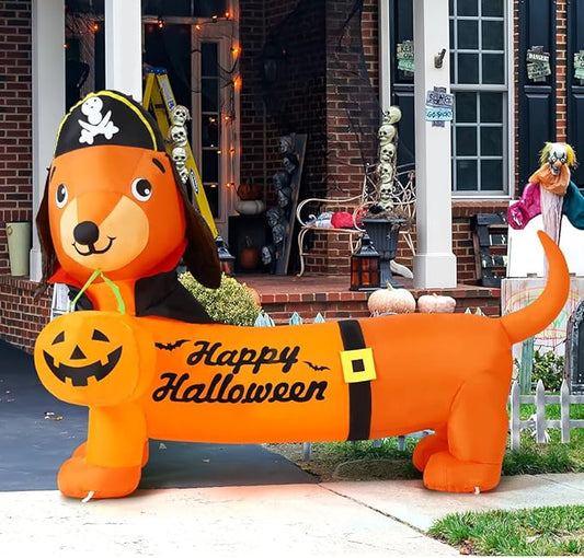 GOOSH 5 FT Halloween Inflatables Outdoor Decorations - Halloween Dog Blow Up Dachshund Inflatable with Build-in LEDs Pumpkin for Decpr Party Indoor Outdoor Yard Garden Lawn
