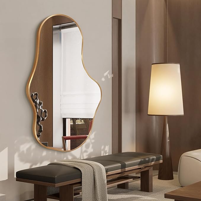 Irregular Wall Mirror - Wall Mirrors Decorative 26"x 43" Asymmetrical Abstract Mirror Aviation Aluminum Alloy Frame Unique for Bathroom, Bedroom, Living Room, Cloakroom, Entryway Gold