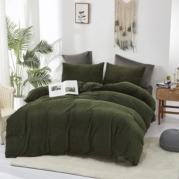 Cottonight Army Green Velvet Comforter Set - Queen Size, Olive Green Plush Fluffy Bedding, Dark Green Blanket, Modern Winter Warm 3 Piece Set for Women & Men