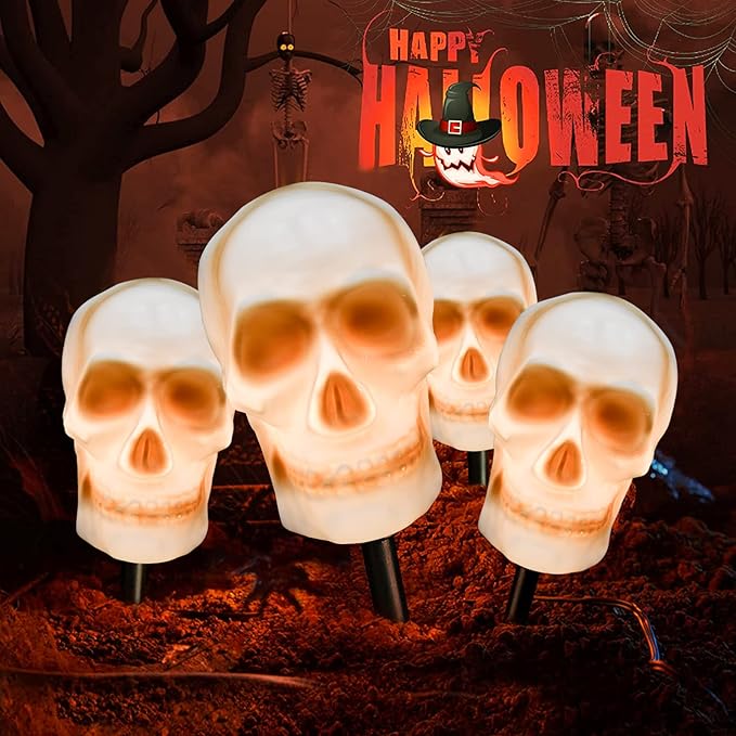 Halloween Skull Pathway Lights, 4 Pack 3D Skeleton Lights with Stakes, Outdoor Connectable C7 Skull Lights for Yard, Garden, Patio, Halloween Party Decor, Black Wire