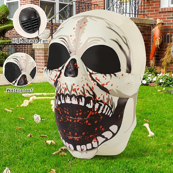GOOSH 4 FT Halloween Inflatables Skull Outdoor Decorations Blow Up Yard Scary Colorful Dimming Skull with Built-in Magic LEDs for Garden Lawn Indoor Party Decor