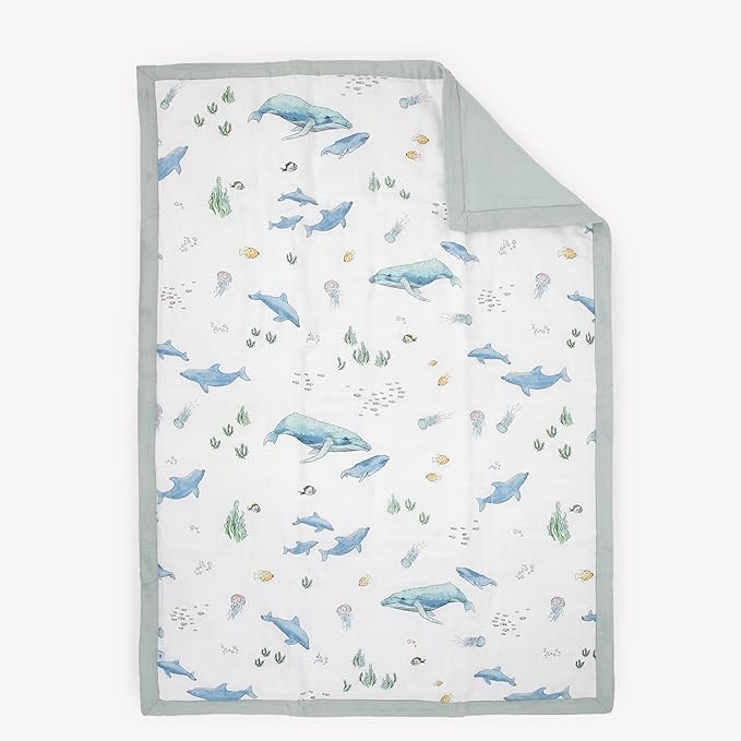 Little Unicorn Lofty Comforter Blanket | Super Soft & Breathable Muslin Fabric| Great for Play & Bedtime Blanket (Whales)