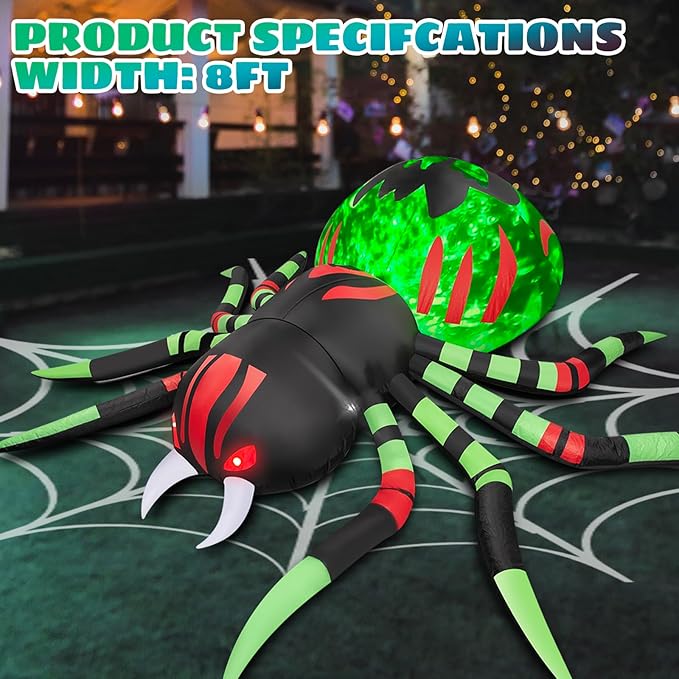 8FT Halloween Inflatables Spider Outdoor Decorations for Yard, Giant Blow up Green Spider with Rotating Fire Flame Light, Large Spooky Spider for Halloween Party Garden Lawn House Holiday Decor