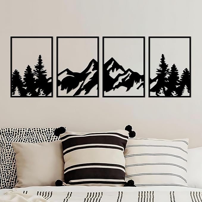 ESTART 4 Pcs Metal Mountain Wall Art, Large Mountains Wall Decor, Mountain Rivers Decorative Painting Suitable For Living Room Bedroom Office Indoor And Outdoor (Mountain Forest)