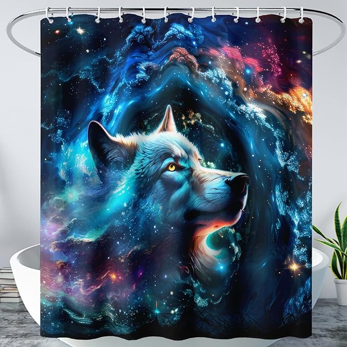 AILONEN 3D Wolf Shower Curtain for Bathroom,Blue Space Galaxy Starry Clouds Wolf Printed Bath Curtain,Boys Teen Kids Wild Animal Wolf Decoration Shower Curtain Waterproof 36" W*72" H