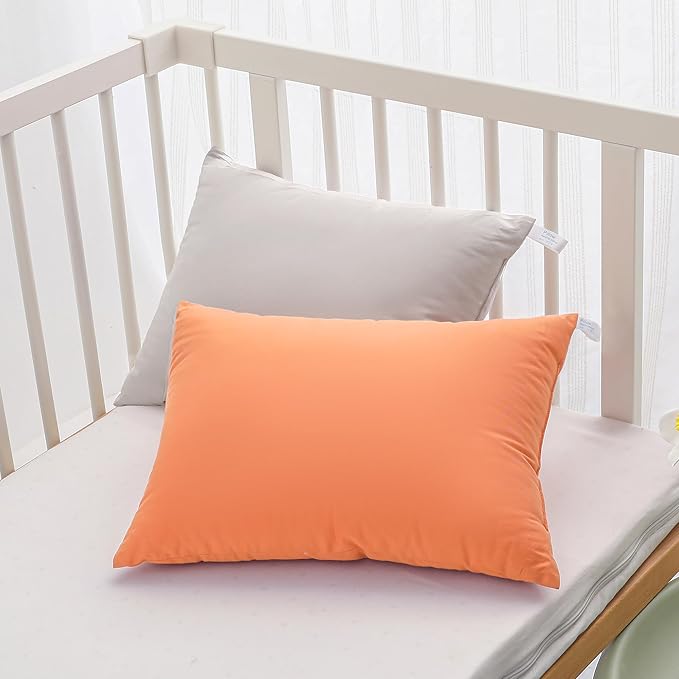 MEILA 2 Pack Cotton Toddler Pillows, 13x18 Pillows for Sleeping and Traveling, Machine Washable Kids Pillows Ideal for Crib, Bed, Cot and Nap, Qrange & Light Grey