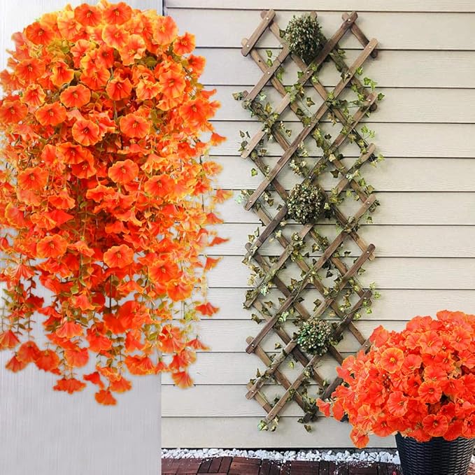 Artificial Fall Flowers for Outdoors Fake Hanging Decoration, 6Pcs Orange Autumn Decor, Realistic Artificial Fall Plants, UV & Fading Resistant Silk Flower for Porch Patio Balcony Planter Yard (Fall)