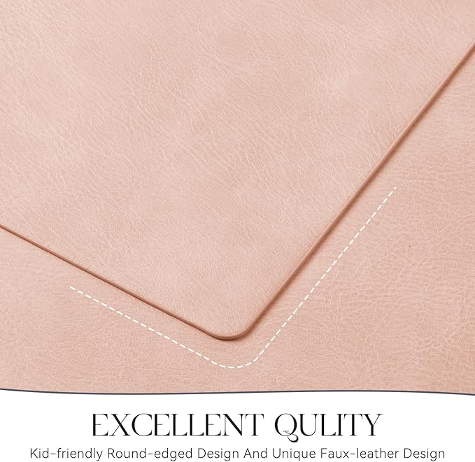 MOSAYT Vinyl Placemats Set of 4-12 X 17 Inch - Faux Leather 100% Waterproof Oil-Proof Wipeable PU Place Mats, Heat Resistant Reversible Table Mats for Kitchen, Dining, Outdoor (Pink)