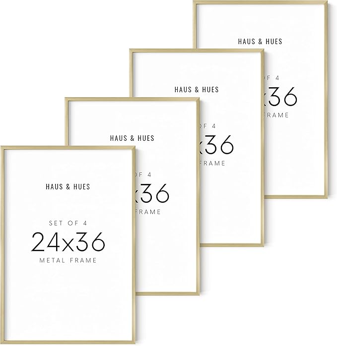 HAUS AND HUES Gold Picture Frames - Set of 4 Poster Frames, Large Picture Frames, Poster Frames, Movie Poster Frame, Gold Poster Frame (Gold Aluminum Frames), 24x36 in