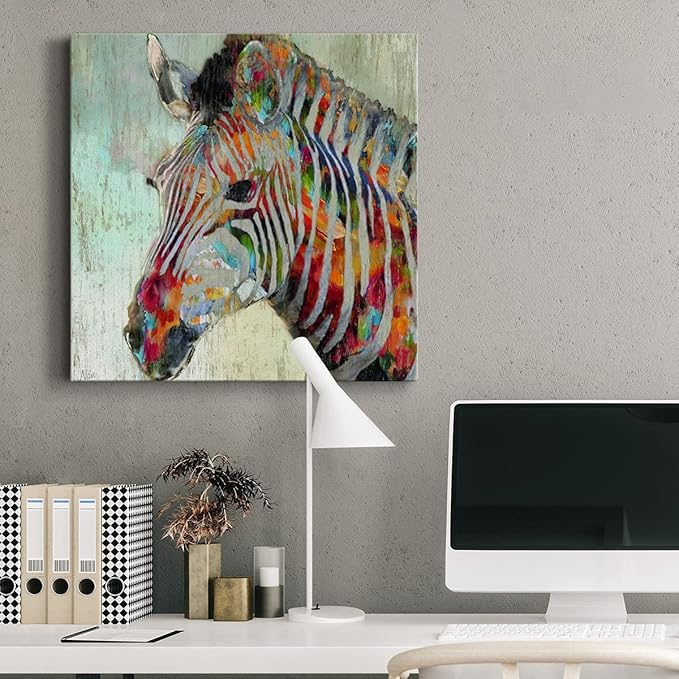 Renditions Gallery Cute Animals Artwork Abstract Colorful Painting Wall Art on Canvas, Paint Splash Zebra Wall Art, Ready to Hang, 10'' x 10'' AZS-WC25-16315-R-1010-SC