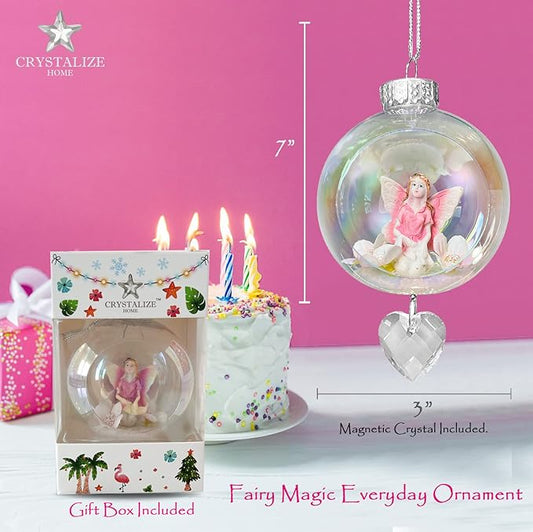 Pink Fairy Christmas Ornament - Handmade Shatterproof Decorations for Indoor Outdoor Xmas Tree - Clear Ball Ornaments with Magnetic Crystal - Great Gift or Stocking Stuffer for Mom, Sister, Friend