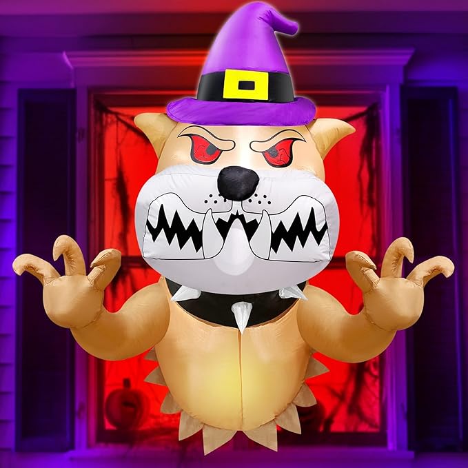 4 Ft Halloween Inflatable Fierce Bulldog Broke Out from Window Outdoor Halloween Decorations Blow Up Scary Dog with Red Eyes Build-in LEDs Halloween Party Indoor Outside Home Yard Garden Lawn Decor