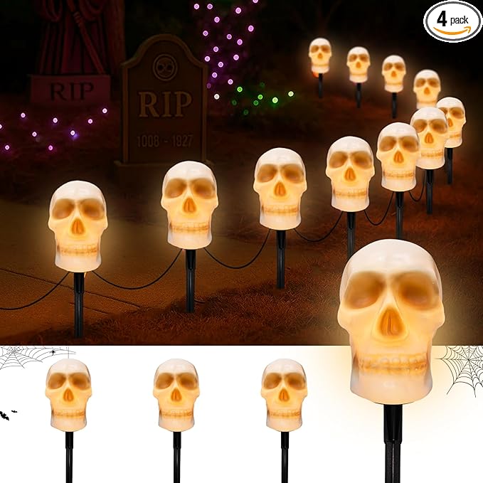 Halloween Pathway Lights Outdoor – Connectable Skull Lights Outdoor with LED C7 Bulbs & Stakes, Waterproof Halloween Skull Light for Garden, Lawn, Driveway, Ghost Pathway Light & Skeleton Stakes