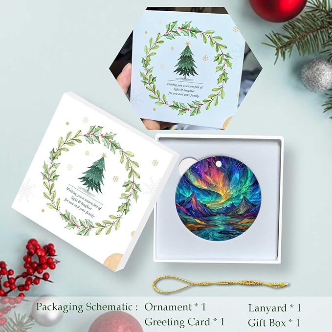 Christmas Northern Lights Ornament Colorful Round Ceramic Ornament Xmas Keepsake for Christmas Tree Winter Holiday Xmas Gift for Women Men Xmas Holiday Party Decor 3"
