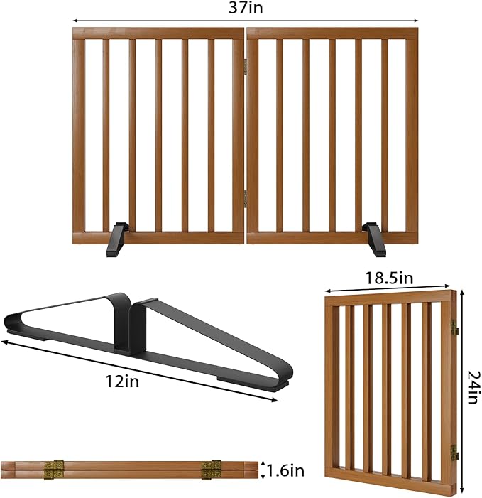 Walnut Dog Gates for Doorways, Foldable Dog Gate for Stairs, Bamboo Freestanding Pet Gate with 2 Support Feet, Puppy Fences Indoor