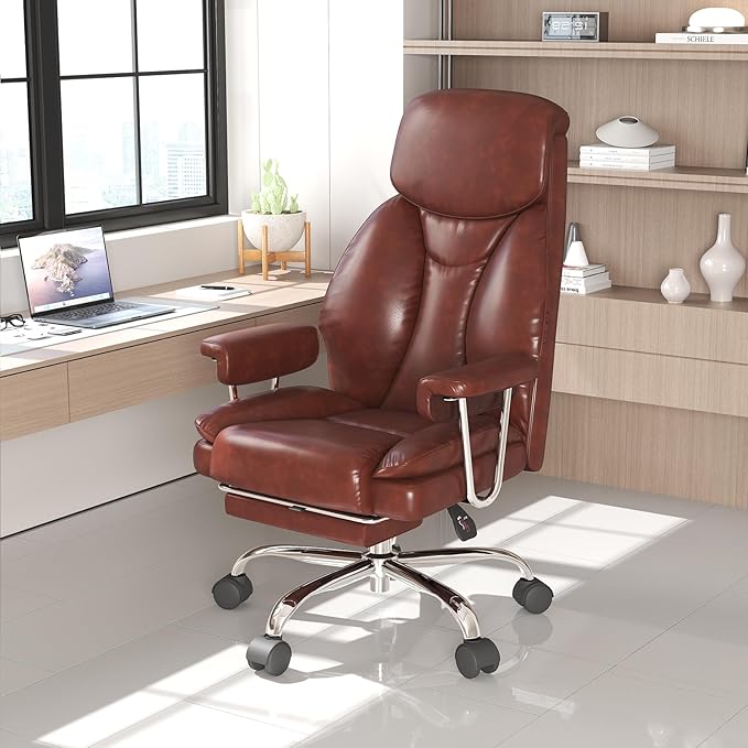 Big and Tall Office Chair, Ergonomic Leather High Back Executive Computer Desk Chair with Retractable Footrest and Padded Arms, 360°Swivel Free, 90-135°Reclining, 500lbs Wide Seat, Brown