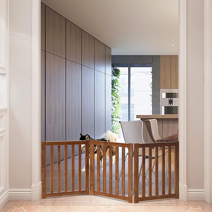 LZRS 3-Panel Wooden Free Standing Foldable Dog Gate – 24" High,Step-Over Safety Pet Gate for Doorways, Stairs, Hallways, Indoor Dog Barrier for Small to Medium Dogs & Puppies, Oak