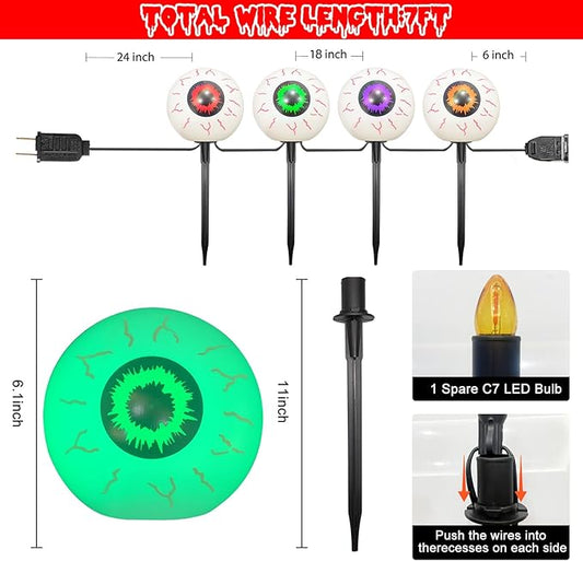 Halloween Eyeball Lights Outdoor,4PCS 3D Eyeball Pathway Lights with Stake,Waterproof Cute C7 Outdoor Light Up Eyes for Halloween Bushes Driveway Garden Yard Lawn Decor