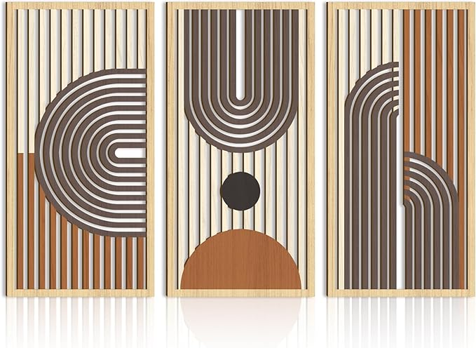 IARTTOP Large Boho Wood Wall Art 16x32 Inch Abstract Mid century Modern Wooden Wall Decor Minimalist Bohemian Orange Artwork for Living Room Bedroom Office Set of 3