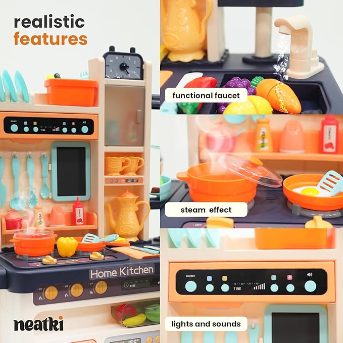 Kids' Play Kitchen Set, 27.95 x 11.22 x 36.81 Inch, 65-Piece Toy Kitchen Playset with Functional Faucet, Realistic Steam Effects, Lights and Sounds, and Other Kitchen Accessories (Blue)
