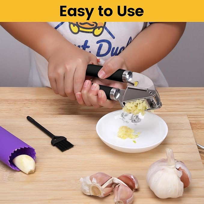 Garlic Press Mincer, 304 Stainless Steel Garlic Press with Garlic Peeler Tube, Heavy Duty Metal Ginger Press, Black