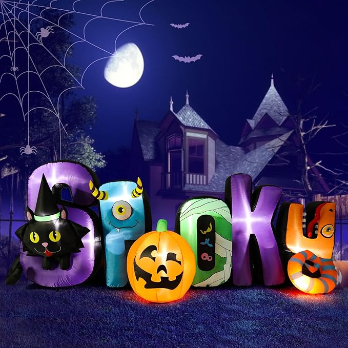 MUMTOP 8.85 Ft Long Inflatable Outdoor Halloween Decoration, Inflatables Spooky Sign with Black Cat Halloween Pumpkin Decorations Blow Up with Built-in LED Lights for Yard Party Holiday Garden Decor
