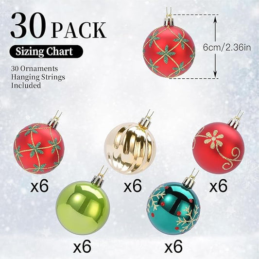 SHareconn 30ct 2.36 Inch Christmas Tree Balls Ornaments, Colored Shatterproof Plastic Decorative Baubles Decorations for Xmas Tree Decor Holiday Party Wedding Decoration (Red & Green Gold, 60mm)