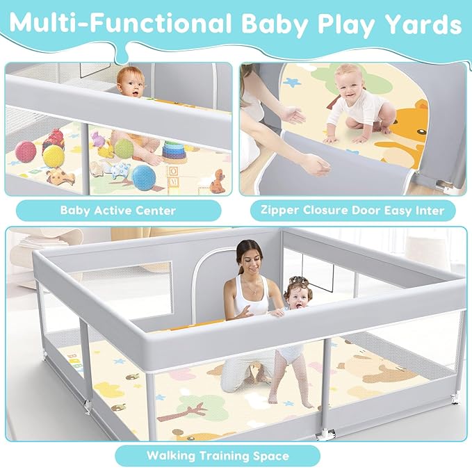 Baby Playpen with Mat, Baby Playard for Toddlers, Sturdy Safety Play Yard with Soft Breathable Mesh, Anti-Fall, 50 * 50 * 27 inches Grey