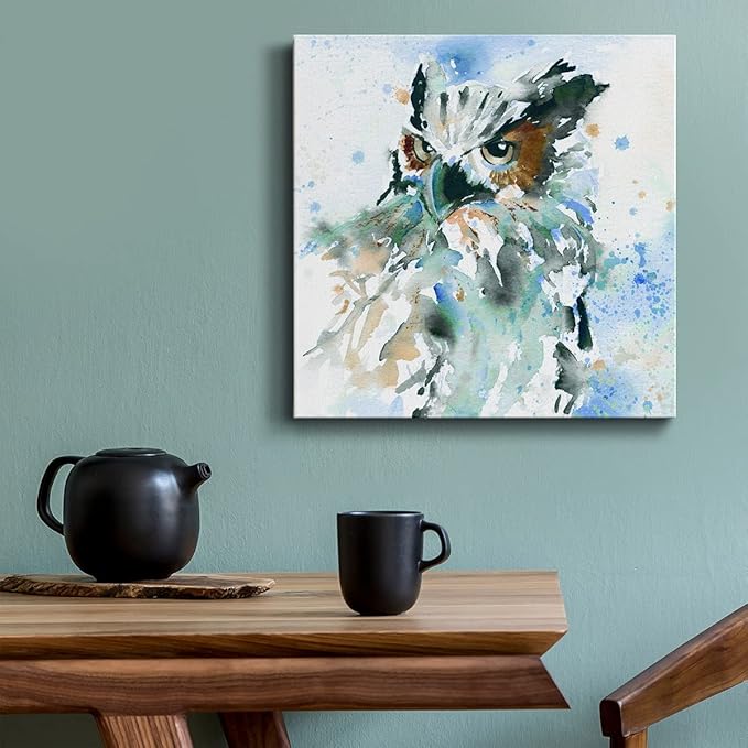 Cute Animals Artwork Abstract Colorful Painting Wall Art on Canvas, Owl On Blue Wall Art, Ready to Hang, 10'' x 10''