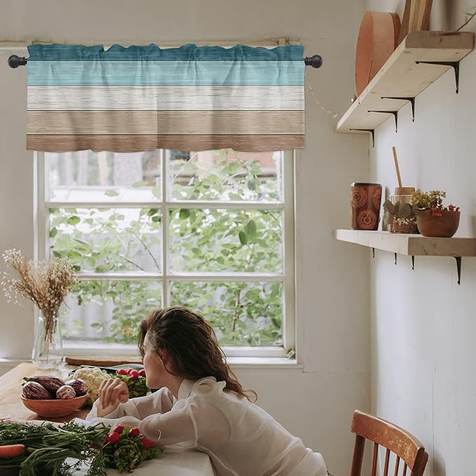 Farmhouse Kitchen Curtains Valances for Windows ,Teal Blue Brown Beach Rod Pocket Country Window Treatment for Kitchen /Living Room/Bedroom/ Bathroom,54" X 18" -1 Panel, Retro Rustic Barn Wood Texture