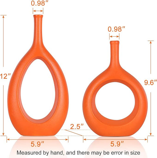 Orange Ceramic Vase Set 2,Modern Hollow Circle with Hole Flower Vase for Home Decor,for Table Centerpieces,Farmhouse,Fire Place,Living Room,Bedroom,Office,Bookshelf,Rustic Decor