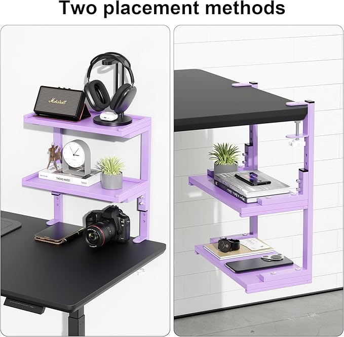 2-Tier Desk Shelf, Expandable Under Desk Storage, Clamp on Desk Shelf, Desktop Accessories for Offices, Study Rooms, and Game Rooms (Purple)