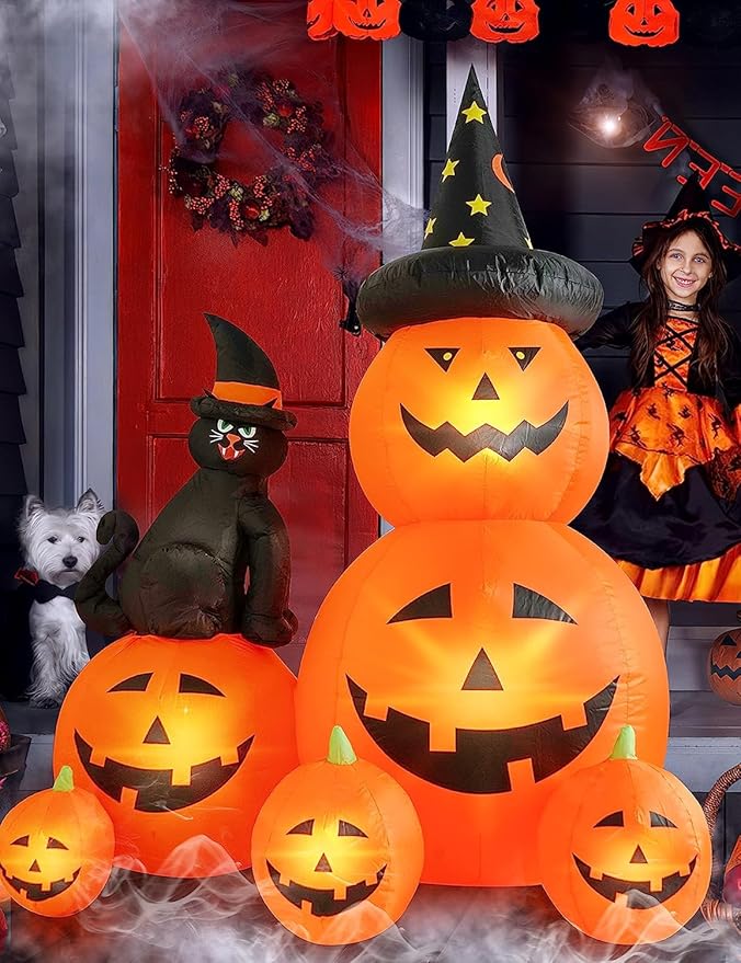 6 FT Halloween Inflatable Decorations Spooky Ghost Pumpkin Lighted and Witch's Cat, Halloween Decorations Outdoor Inflatables Pumpkin Combo with Build-in LED Blow Up Inflatables for Yard Garden
