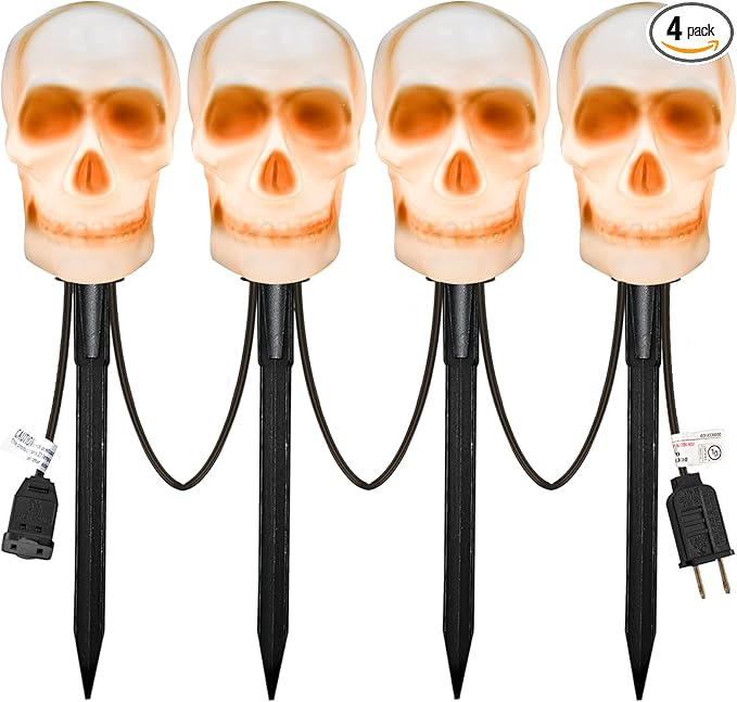 Halloween Skull Pathway Lights, 4 Pack 3D Skeleton Lights with Stakes, Outdoor Connectable C7 Skull Lights for Yard, Garden, Patio, Halloween Party Decor, Black Wire