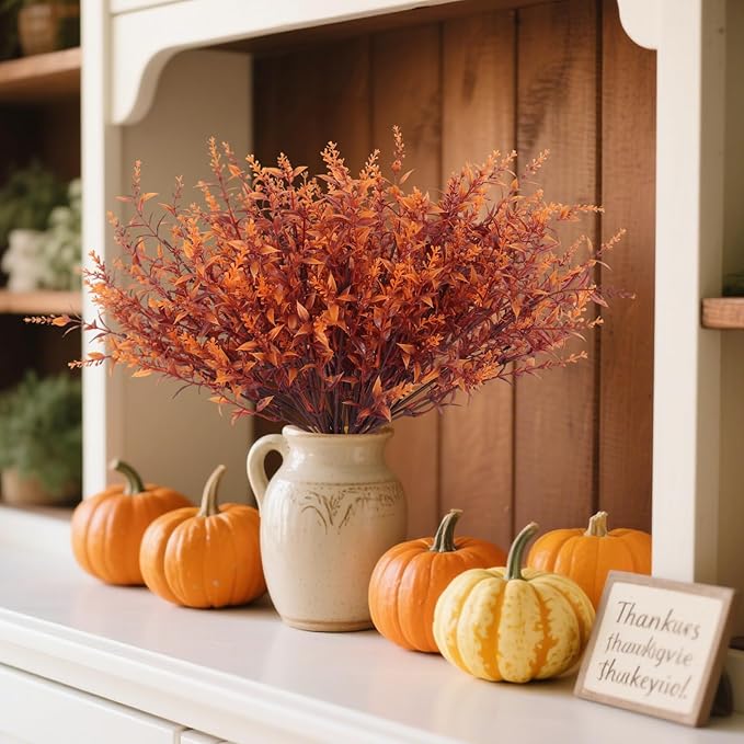 RECUTMS Fake Fall Plants for Outside Faux Lavender Flowers Fake Greenery Artificial Fall Flowers Outdoors UV Resistant Faux Autumn Plant Artificial Bushes for Bookshelf Balcony Bedroom Decor (Brown)