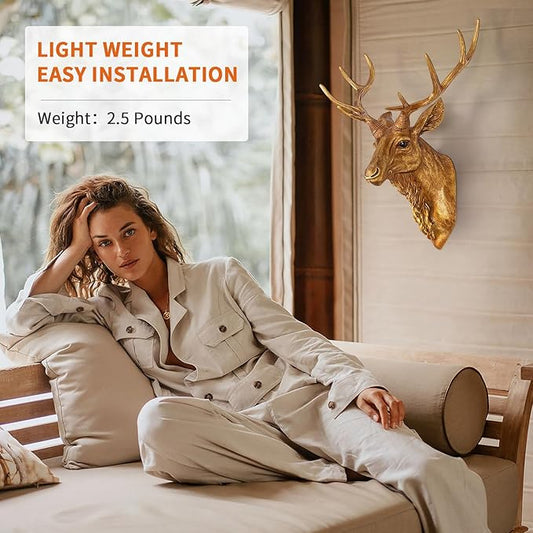 Bodun Deer Head Wall Mount Decor 14.5 inches Faux Deer Head Sculpture for Bar Background Wall Mount Home Living Room Wall Art Christmas Decoration Resin Antler Decor (Gold)