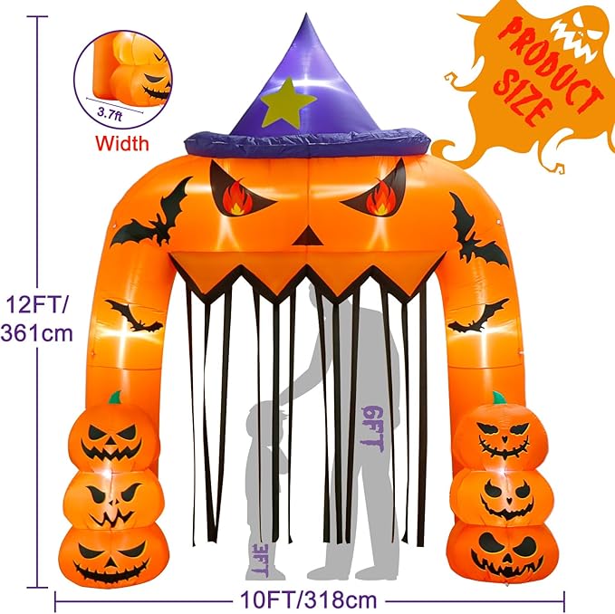 AerWo 12FT Tall Halloween Inflatables Archway Giant Arch, Pumpkin Blow Up With Built-in LED Lights for Outdoor Decorations, Holiday Yard Lawn Garden Party Decor