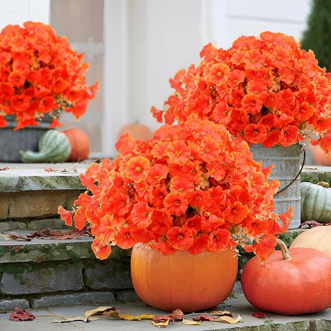 Artificial Fall Flowers Fake Plants for Outdoor Autumn Decoration, 12 Bundles Silk Orange Morning Glory UV Sun Resistant Realistic Faux Flowers for Window Box Porch Patio Yard Balcony (Fall Plants)